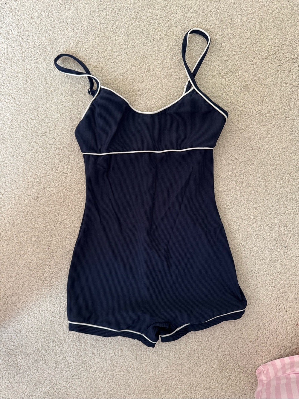 Edikted Navy Romper with White Trim and Pink Label